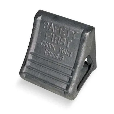Silver cast iron wheel chock with grooved tread and grip slot