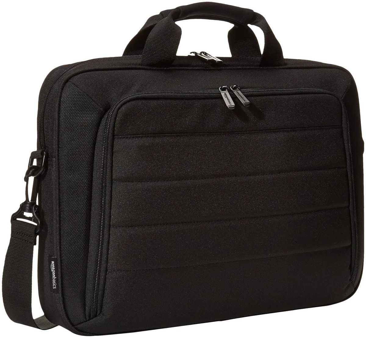 Black rectangular laptop shoulder bag with front pocket and adjustable strap