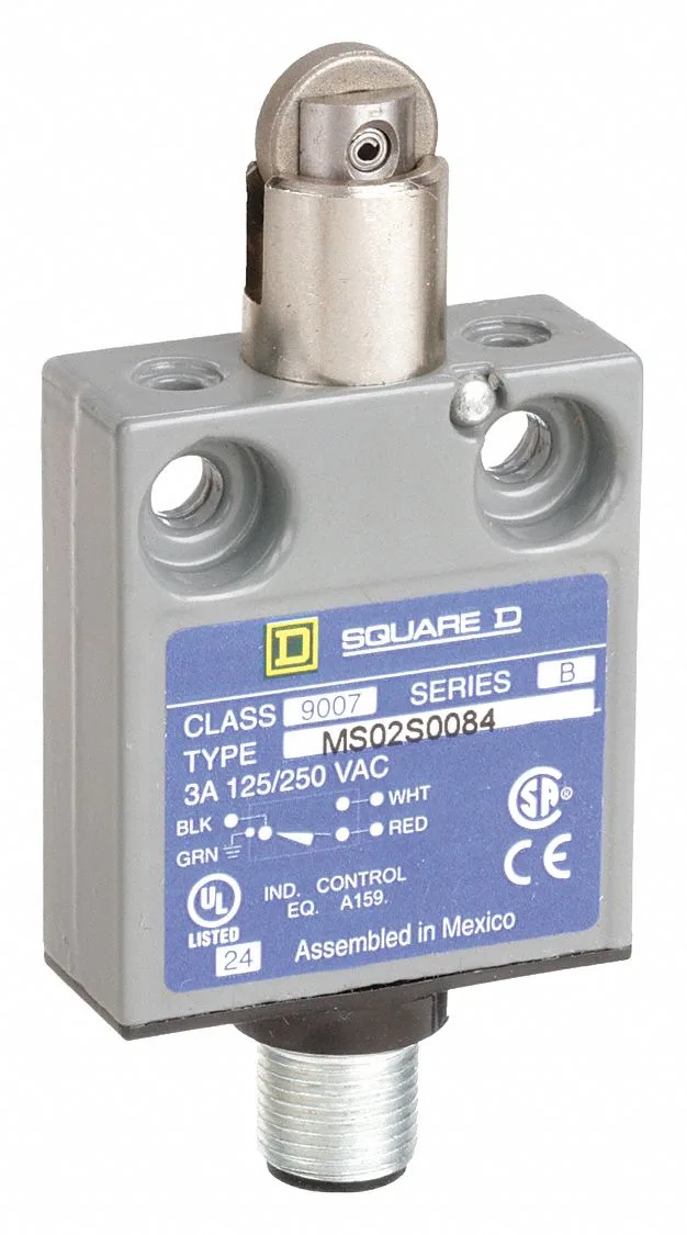 Orange miniature limit switch with roller plunger actuator on top, compact rectangular body