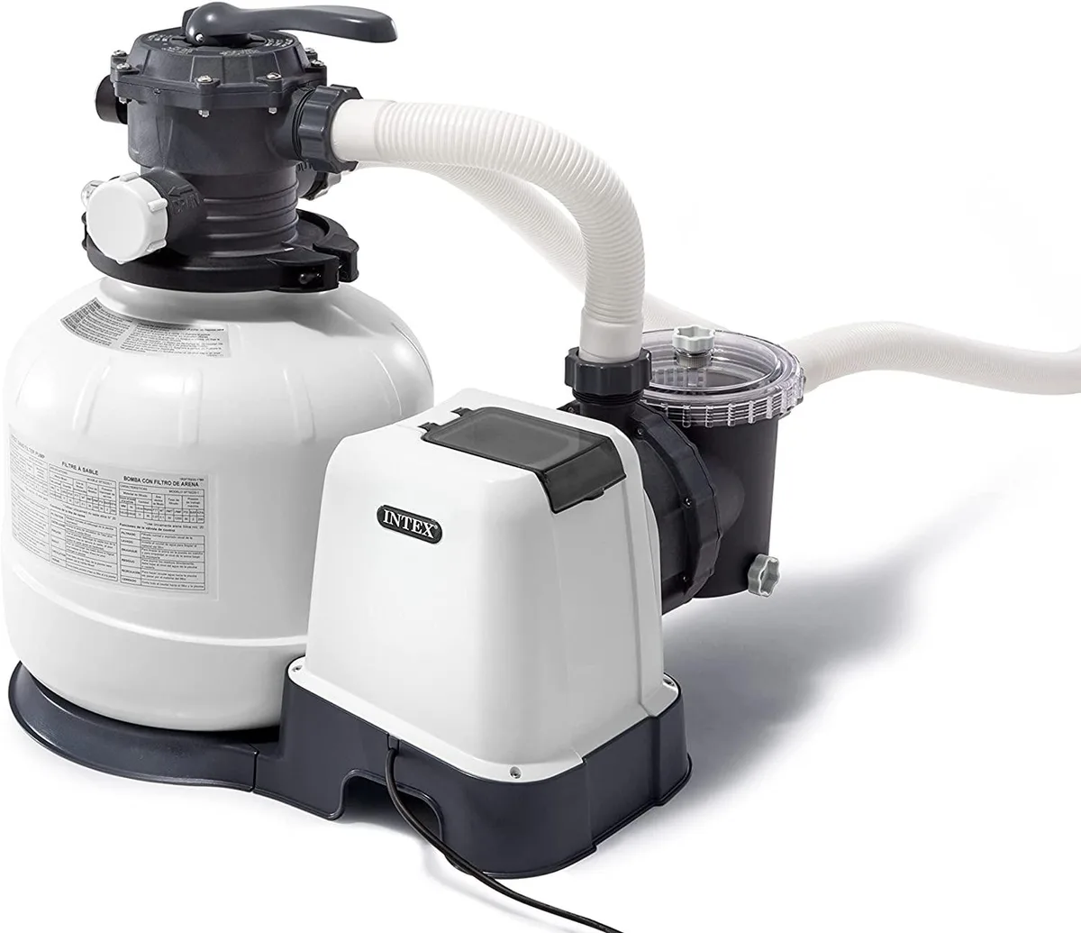 Beige cylindrical sand filter pump on base, 14in tank, 25ft cord, pressure gauge, six-way valve, carry handle