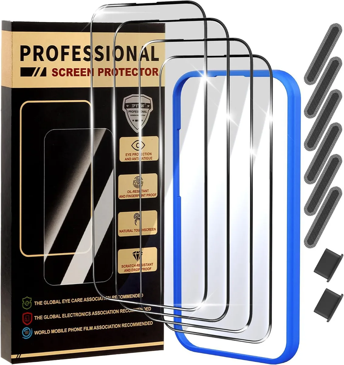 Four tempered-glass screen protectors with alignment frame for iPhone 16 Pro Max