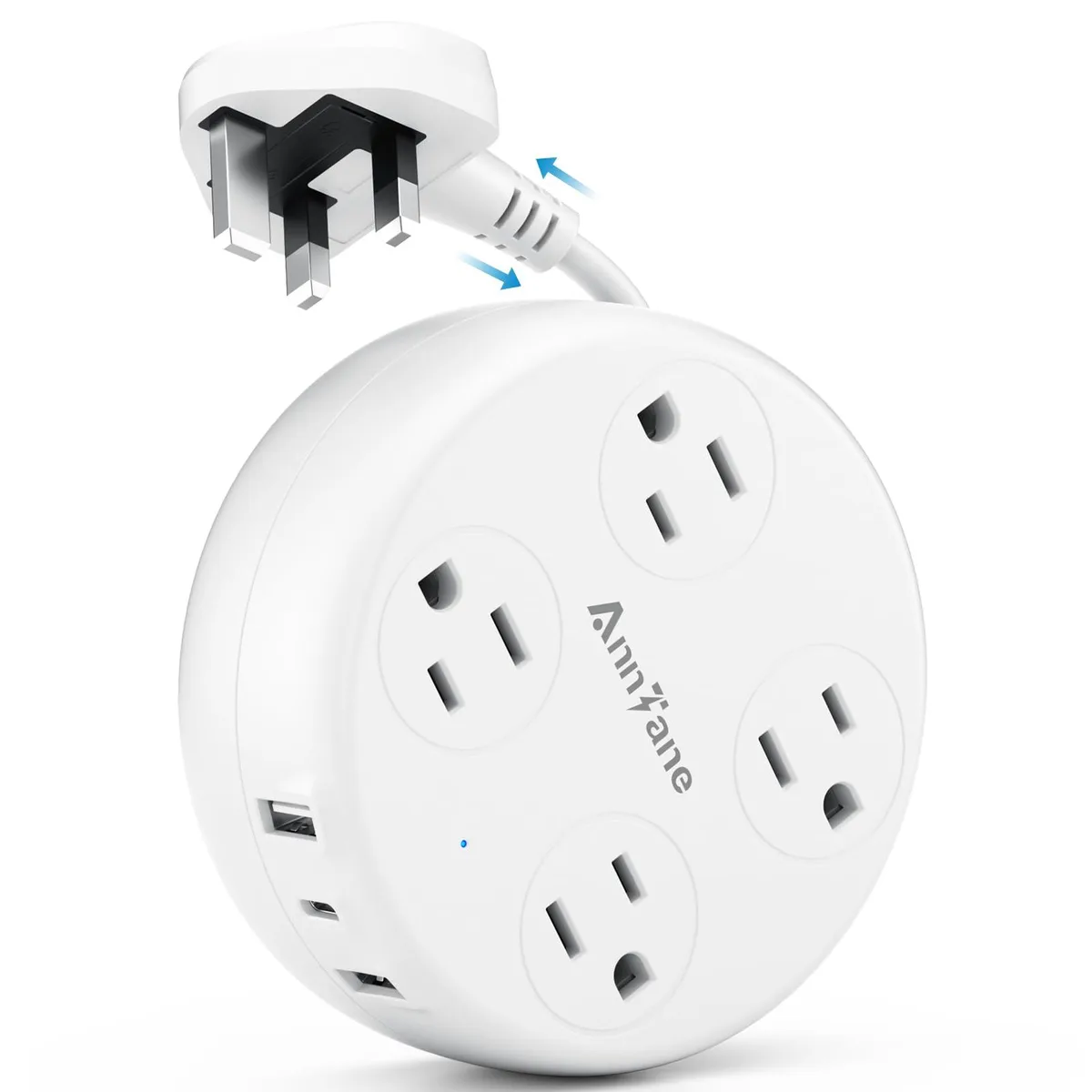 White rectangular travel adapter with retractable cord and multiple outlets