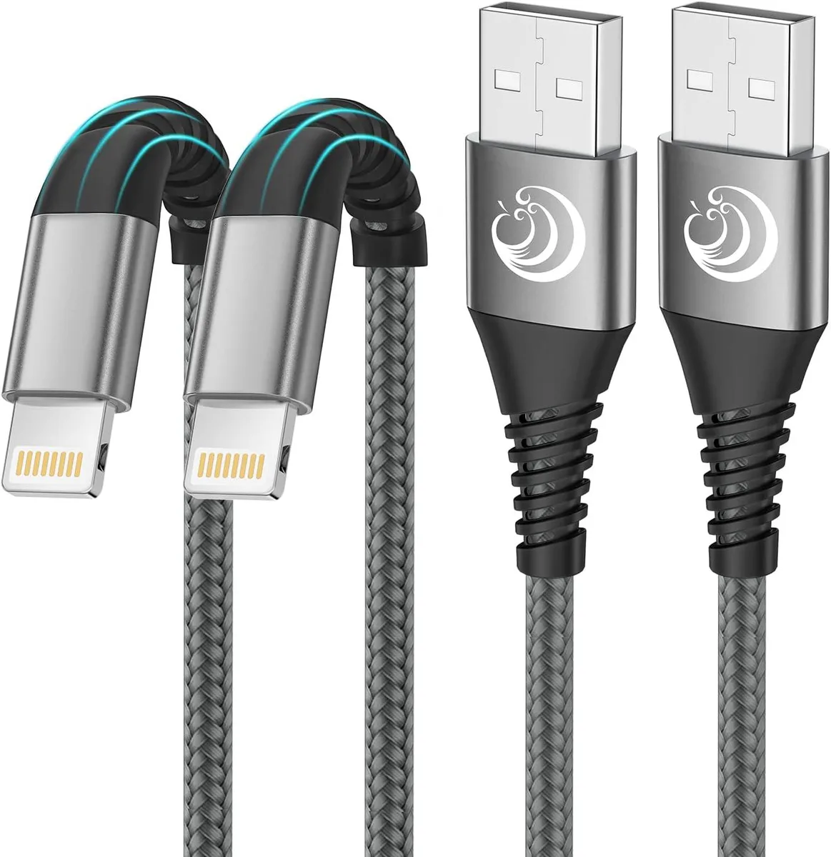 Two white 10-foot Lightning cables with grey nylon braided jackets
