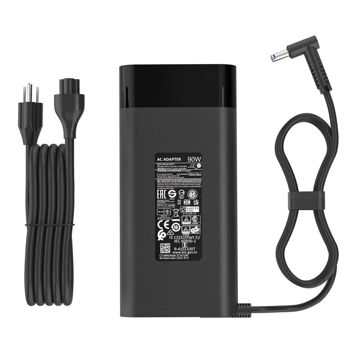 Compact black rectangular laptop charger with blue-tip barrel connector and detachable power cord