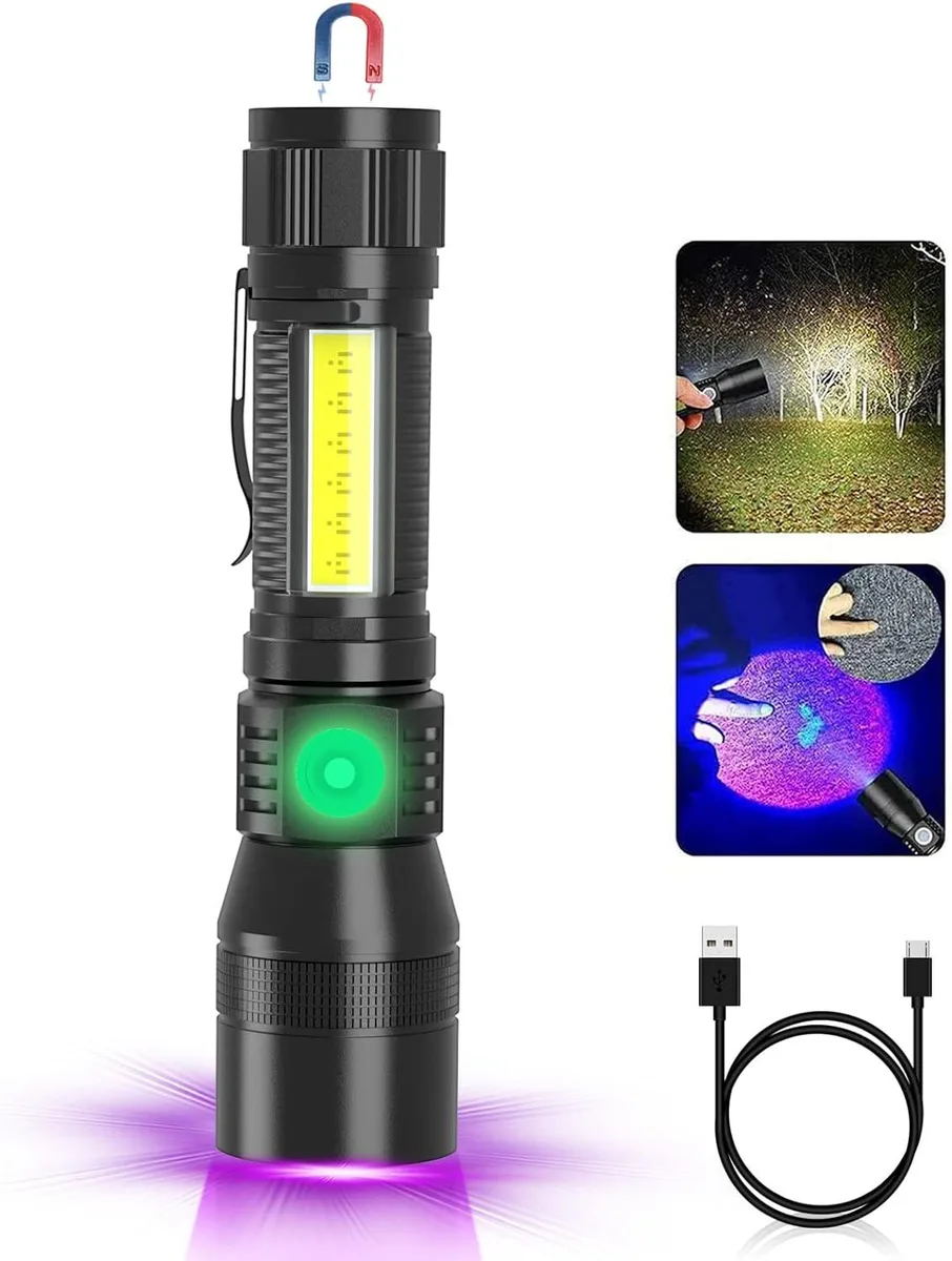Cylindrical black flashlight with magnetic base and side COB panel