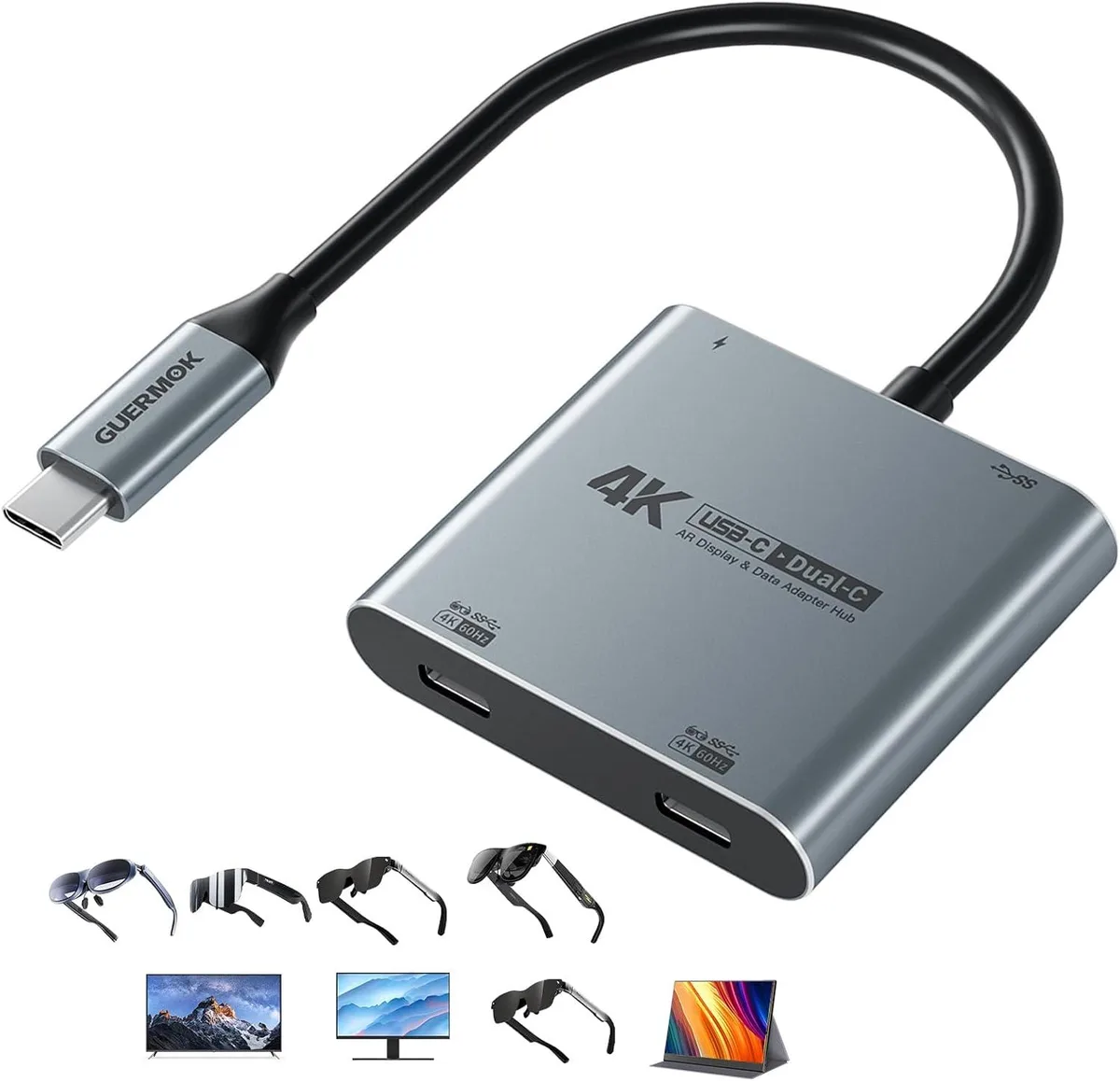 Heightele Heightele 4-in-1 Dual USB-C Display Hub 4K 60Hz PD 100W USB 3.0 5Gbps Silver — product photo