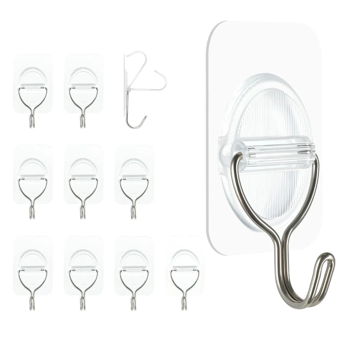 Ten transparent stainless steel adhesive hooks 3.5 by 5.3 cm