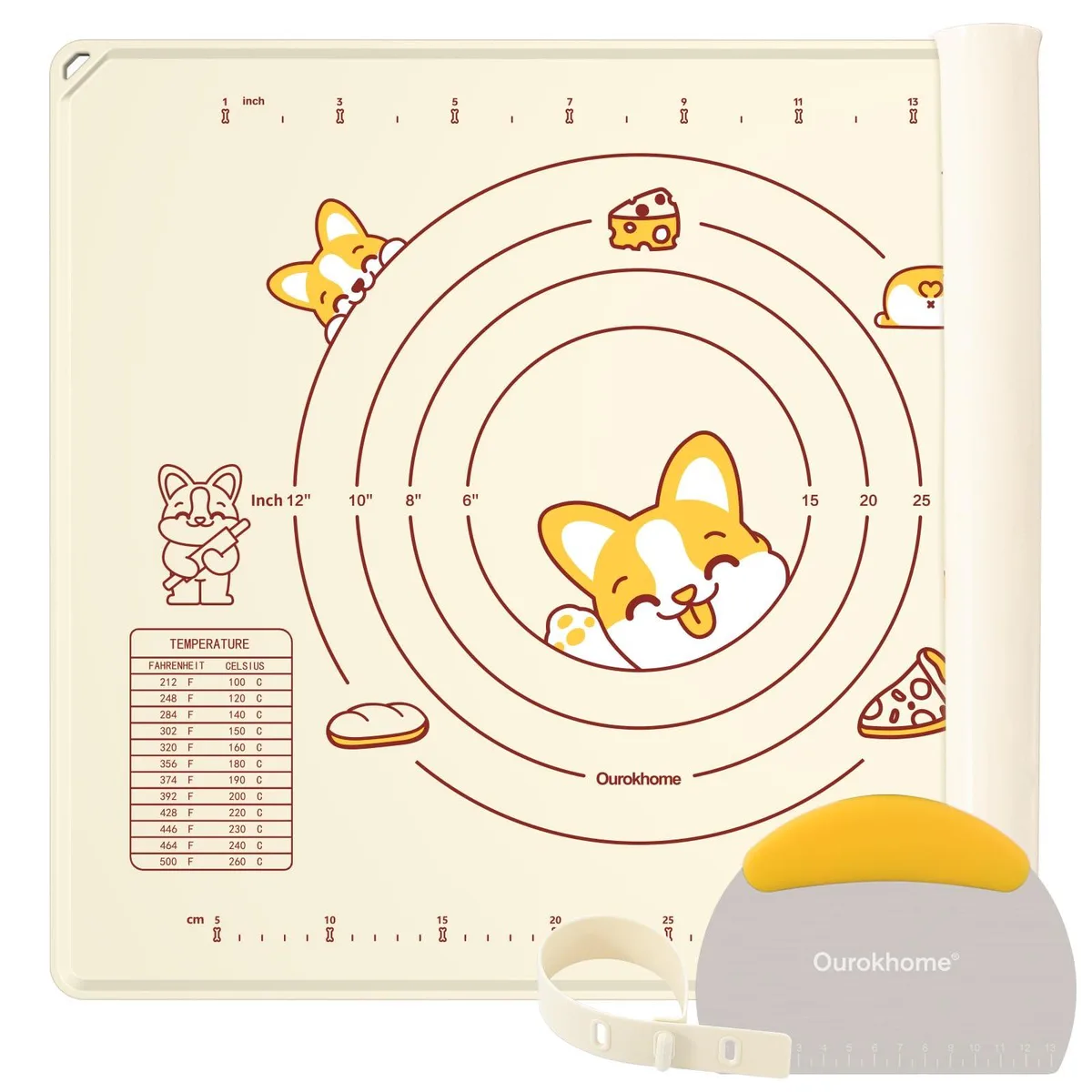 Beige silicone baking mat 20 by 16 inches half inch thick with raised edges and printed measurements