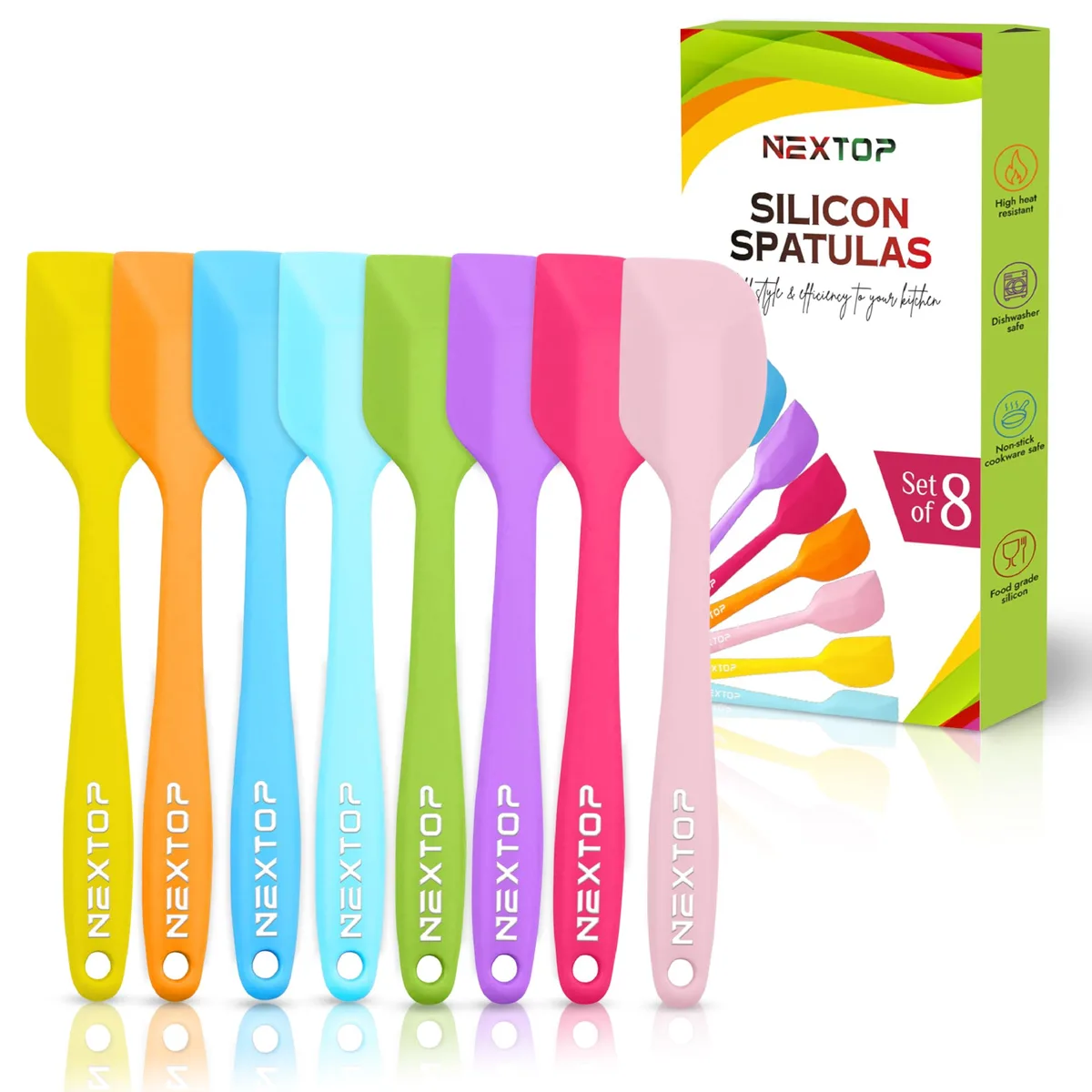 Eight multicolour silicone spatulas with hanging loops