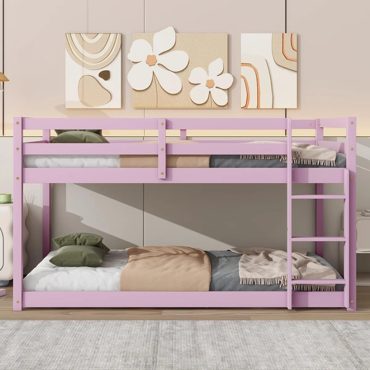Pink rubber wood twin over twin floor bunk bed with ladder and 13 slats