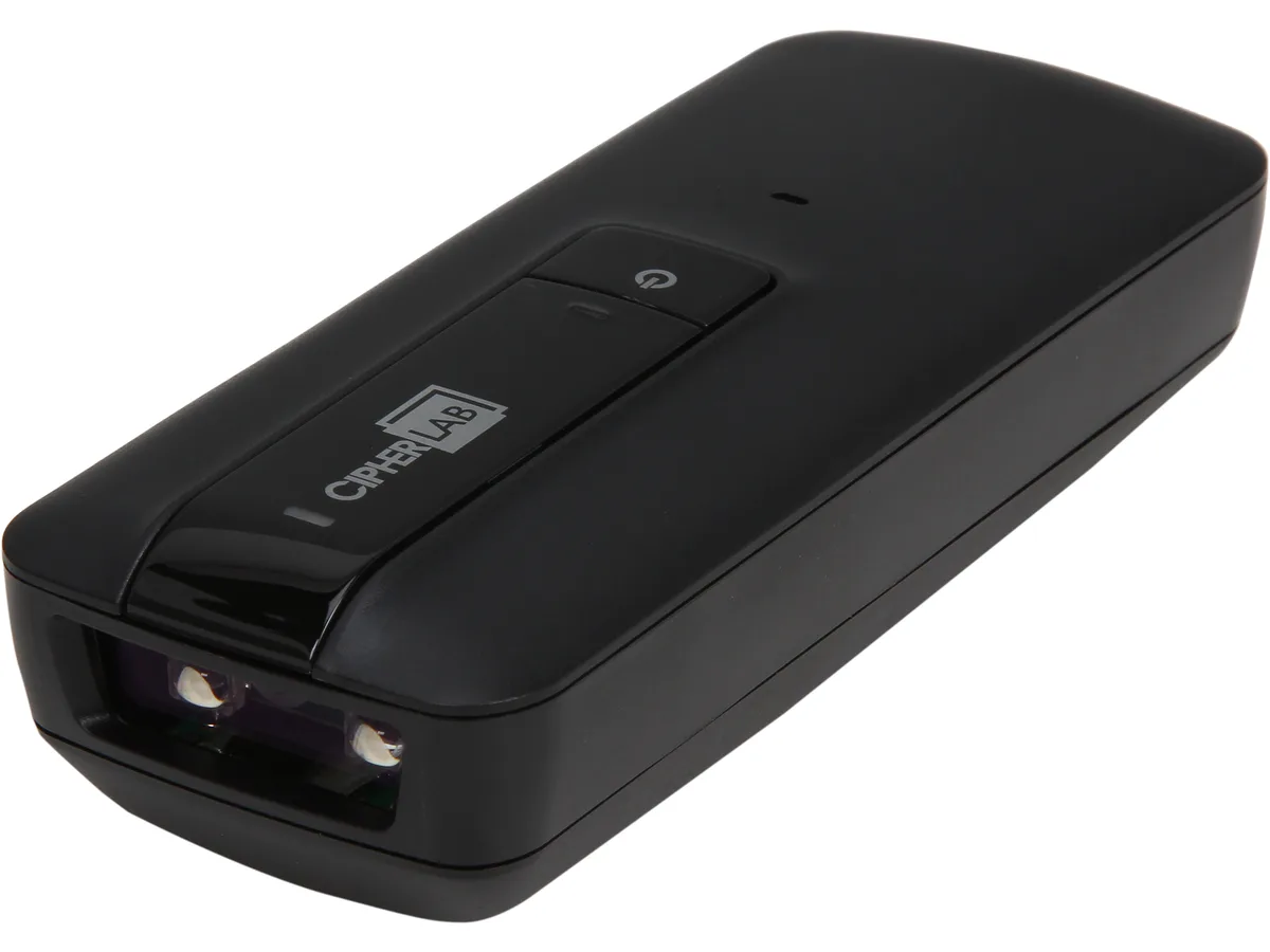 Black handheld Bluetooth pocket scanner, compact rectangular shape with rounded edges, matte finish, trigger button on front