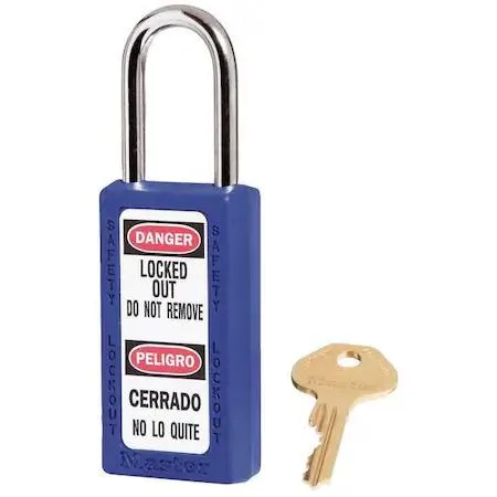 Three blue thermoplastic safety padlocks with hardened steel shackles and keys