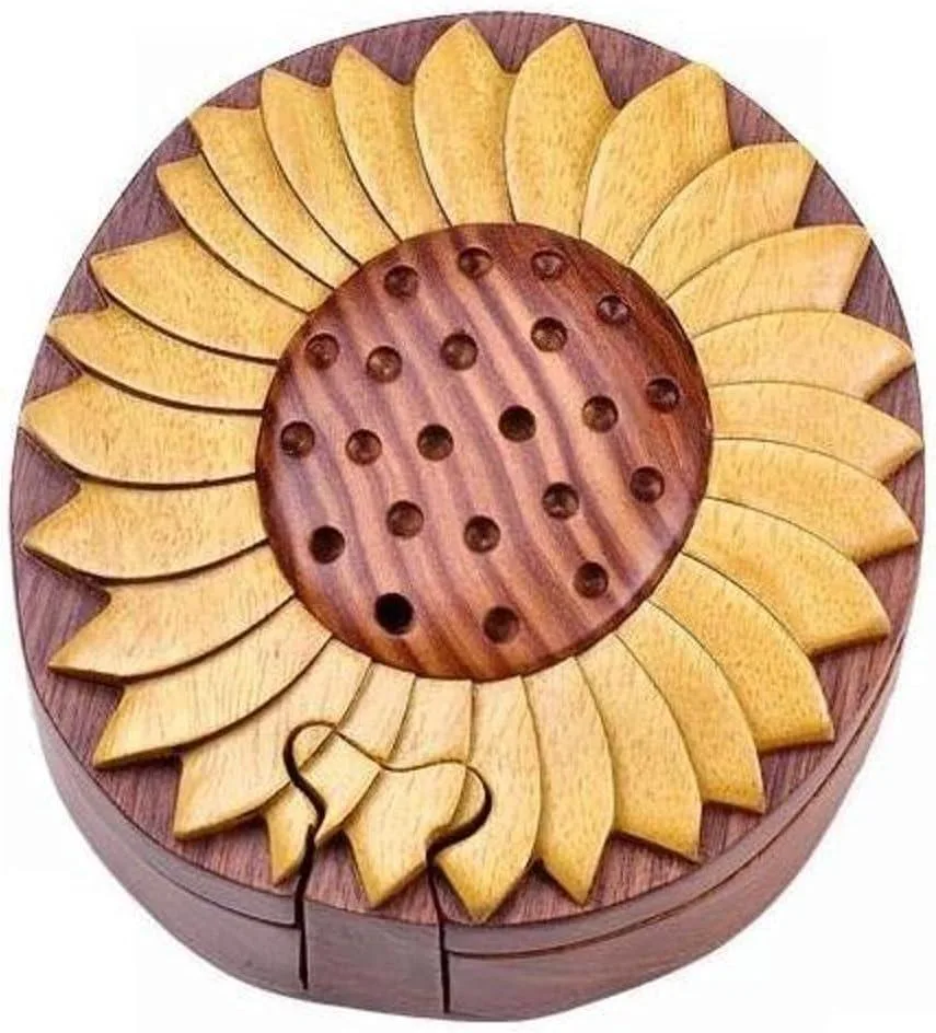 South Asian Handicrafts South Asian Handicrafts Sun Flower Wooden Intarsia Puzzle Box hobby collectible — product photo