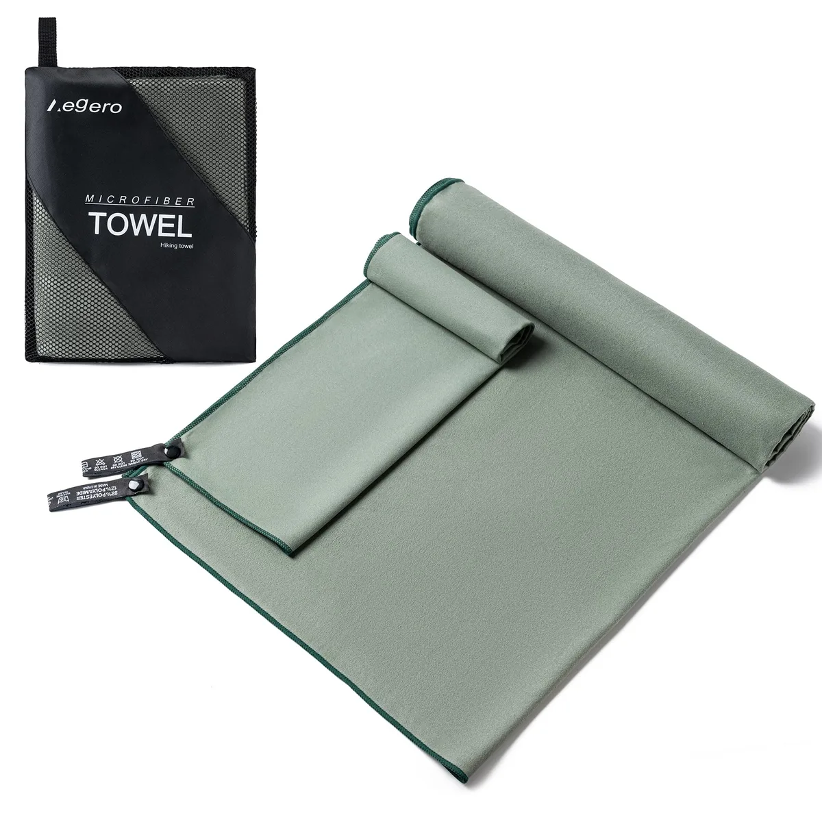 Two folded green microfiber towels in a carry bag