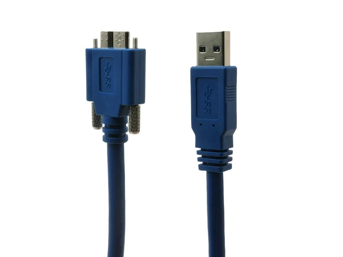 Blue USB 3.0 Type-A to Micro-B cable with dual screw locking connectors, 1.8m length