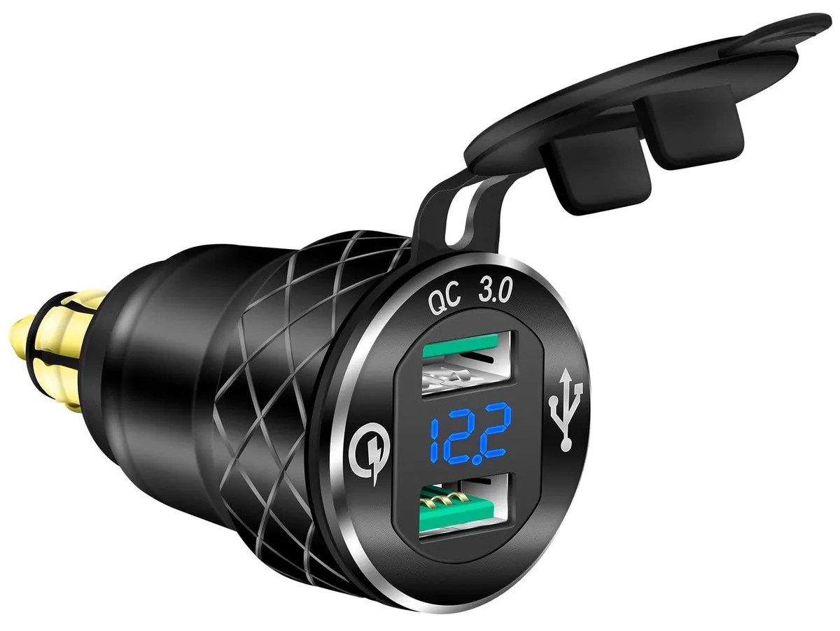  DAIERTEK USB-B5 DIN Hella Dual USB QC 3.0 Charger Blue LED Voltmeter Waterproof — product photo