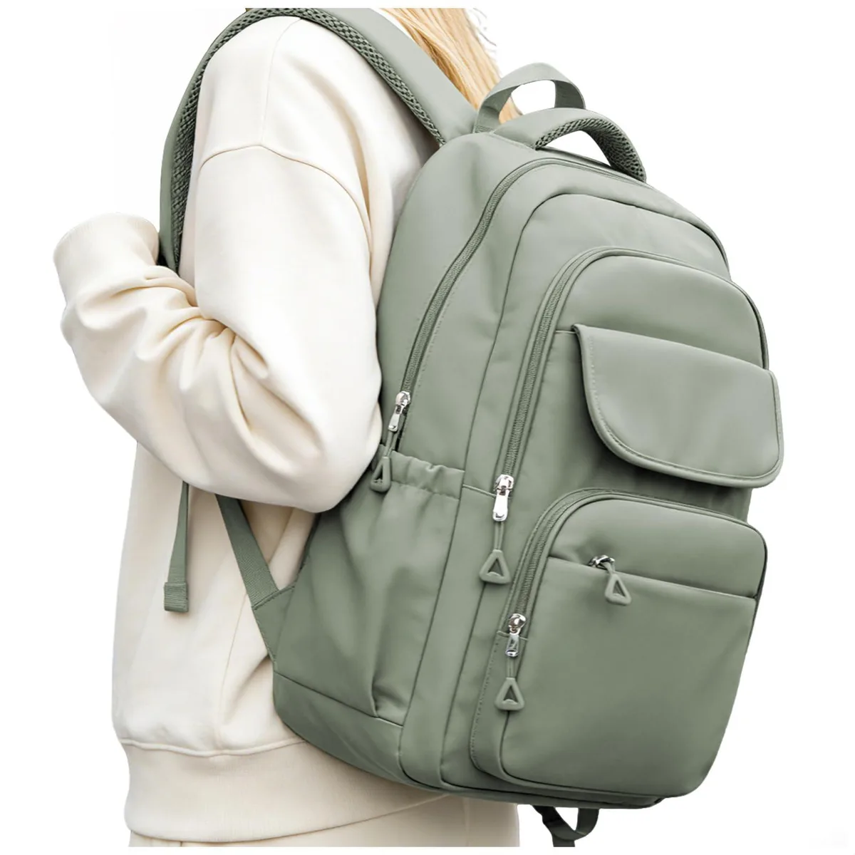 Green polyester backpack with padded straps and laptop compartment