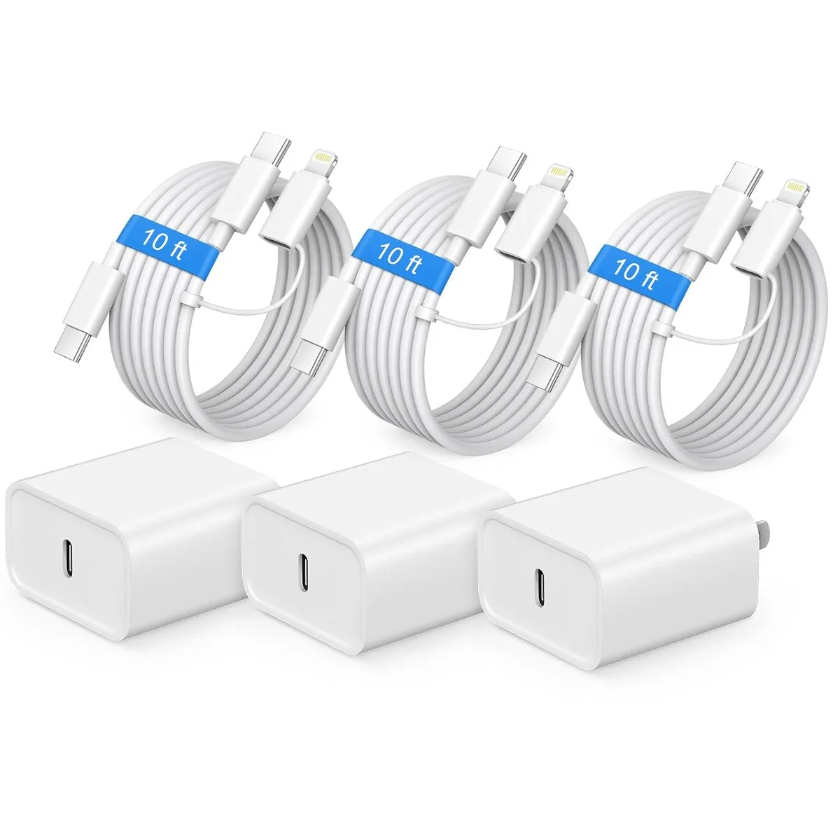 ONITOON ONITOON 3 Pack 20W PD 3.0 USB-C Wall Charger with 10ft Lightning &amp; USB-C Cables — product photo
