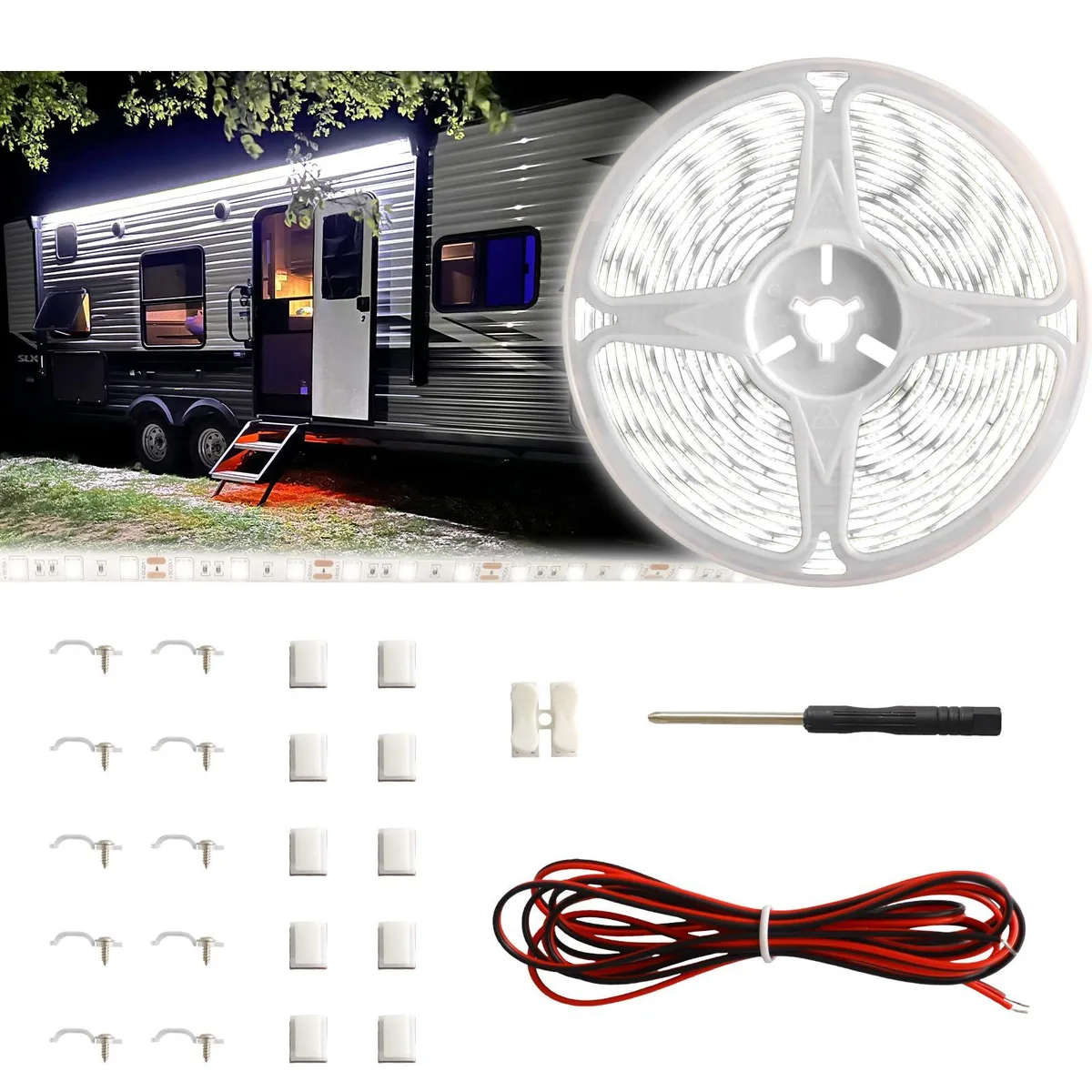 White 20 ft LED strip on a silver reel with adhesive hooks and clips