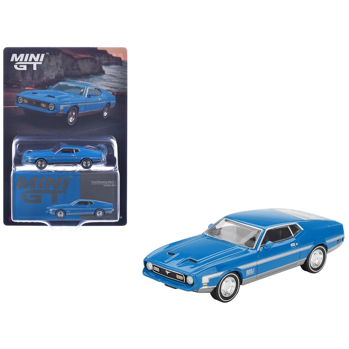 Mini GT Mini GT Ford Mustang Mach 1 Grabber Blue Silver Stripes Limited Edition 1/64 Diecast Car — product photo