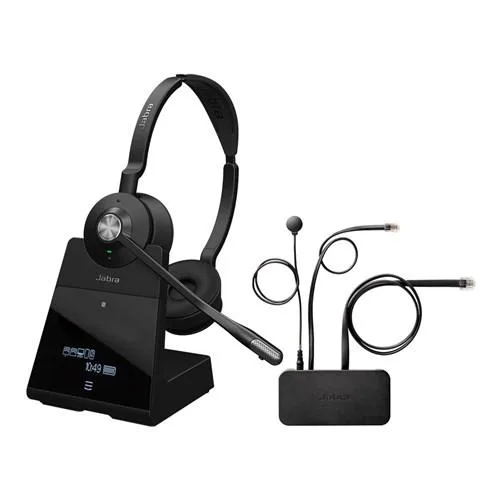 Black wireless stereo headset with padded headband and ear cushions, integrated busy light, and DECT base unit