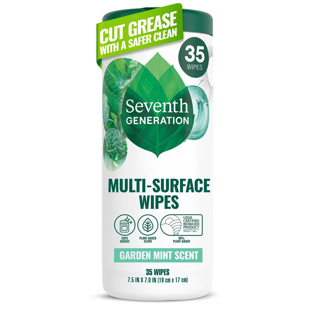 White cylindrical canister of multi-surface cleaning wipes, garden mint scent, 35 count