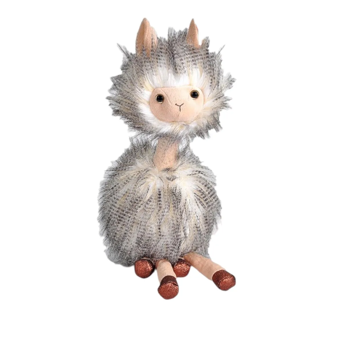 Soft multi-coloured plush llama with glittery hooves and iridescent eyes, standing about 20 inches tall