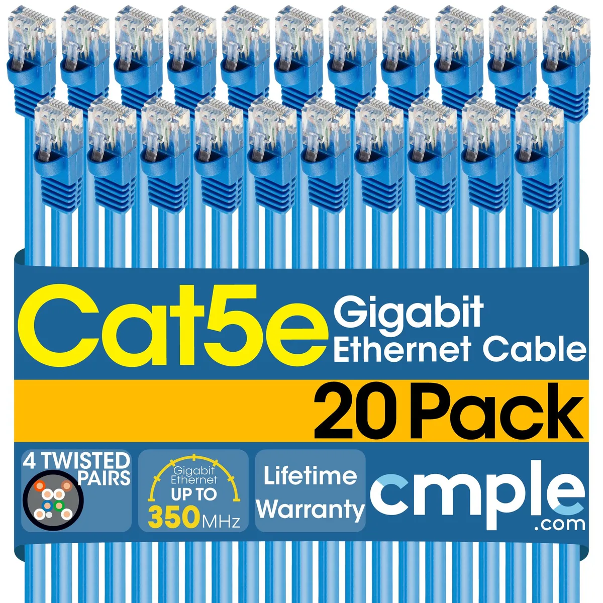 CMPLE CMPLE 20 Pack 7 ft Cat5e Ethernet Cable Blue 350 MHz CCA — product photo