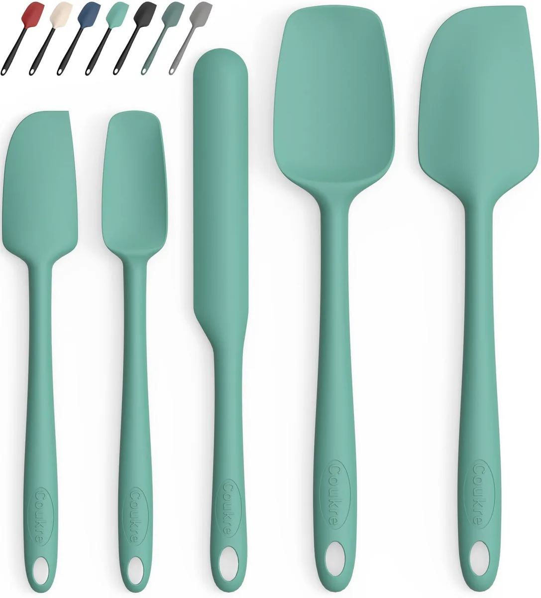 Five aqua-green silicone spatulas with plastic handles and hanging holes