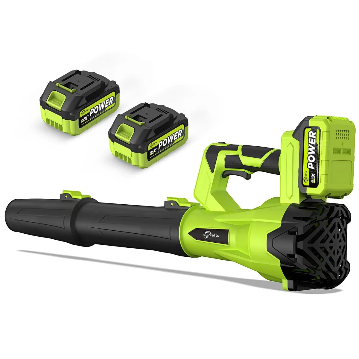 Orange cordless leaf blower with detachable tubes, two batteries and a charger