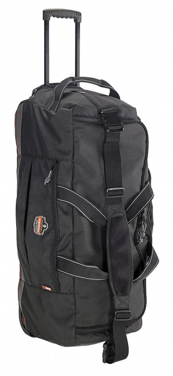 Black rolling tool bag in 1680D polyester with retractable handle and molded wheels