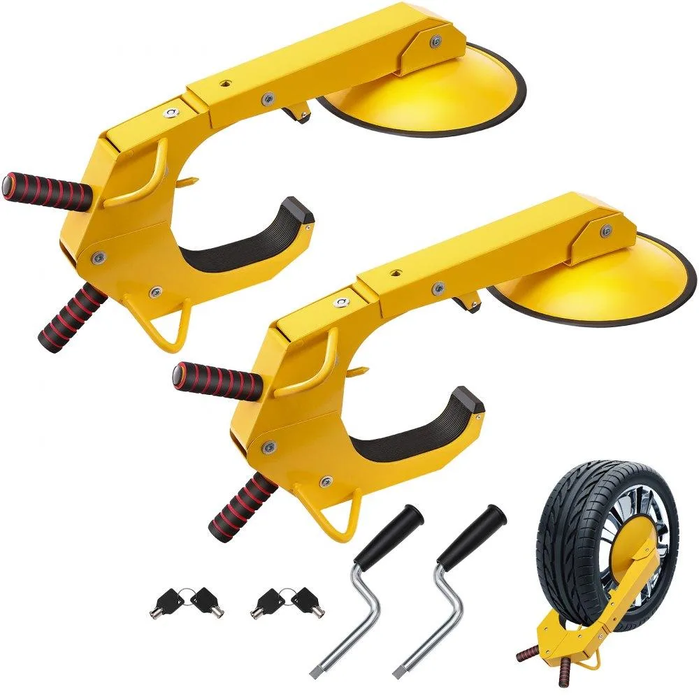 Two heavy-duty yellow steel wheel lock clamps with crank handles and keys