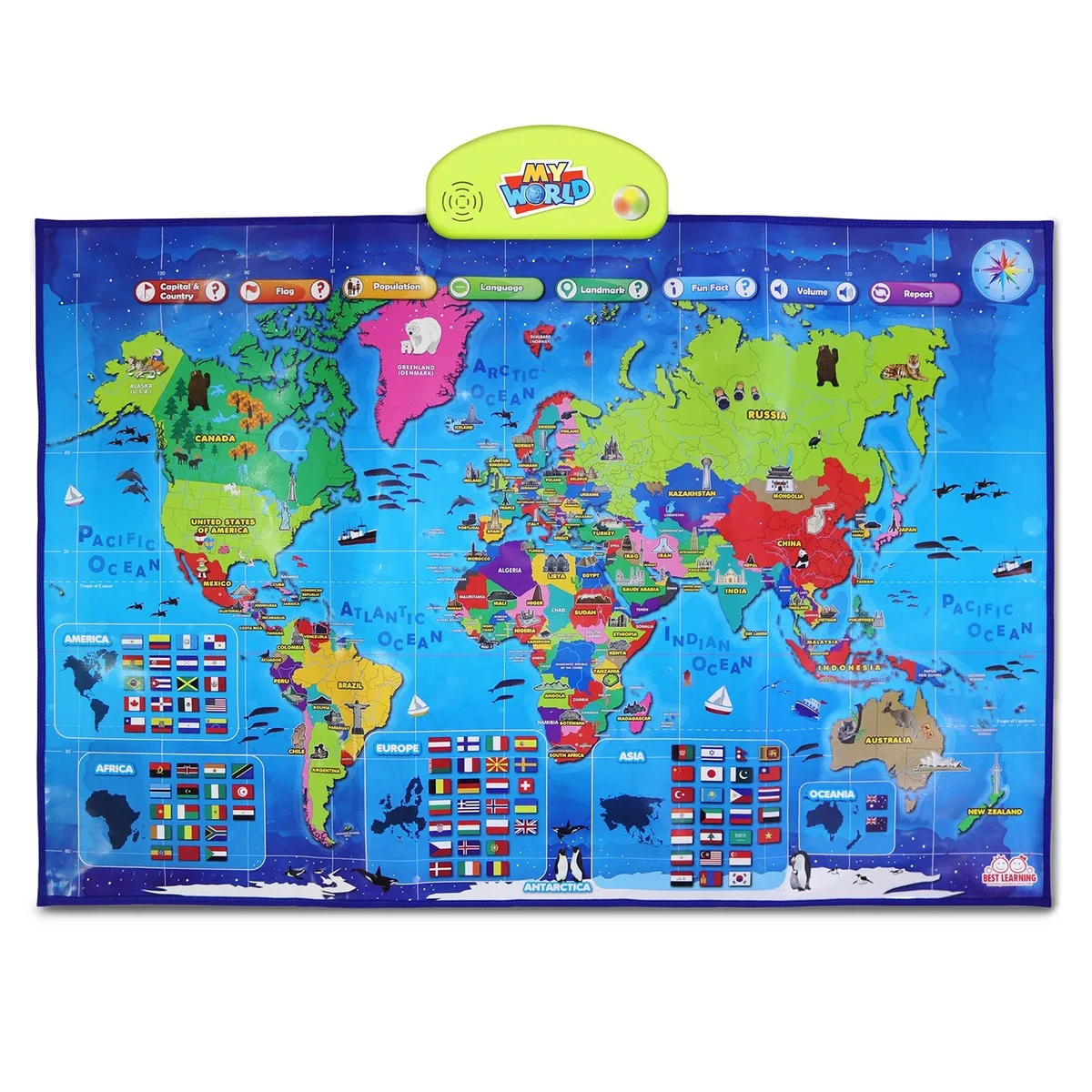 Colourful rectangular wall poster with interactive buttons and country illustrations