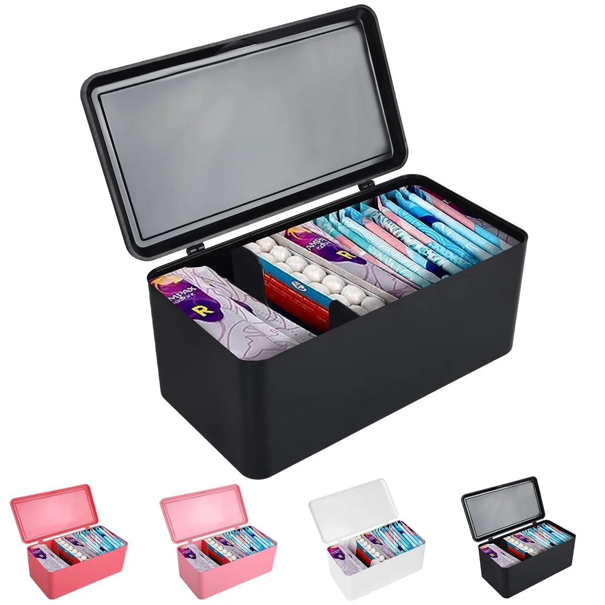 Sanitary Napkin Organizer with Lid, Black, 9.84 x 5.12 x 4.33in — product photo