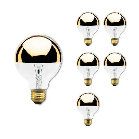 Six G25 globe bulbs with half gold mirrored finish and clear glass base, E26 bases visible
