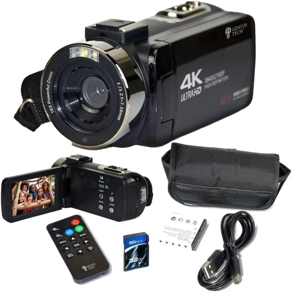 Genius Genius 4.7K 42MP Professional Camcorder 18x Zoom 32GB SD Card Remote Case USB Cable — product photo