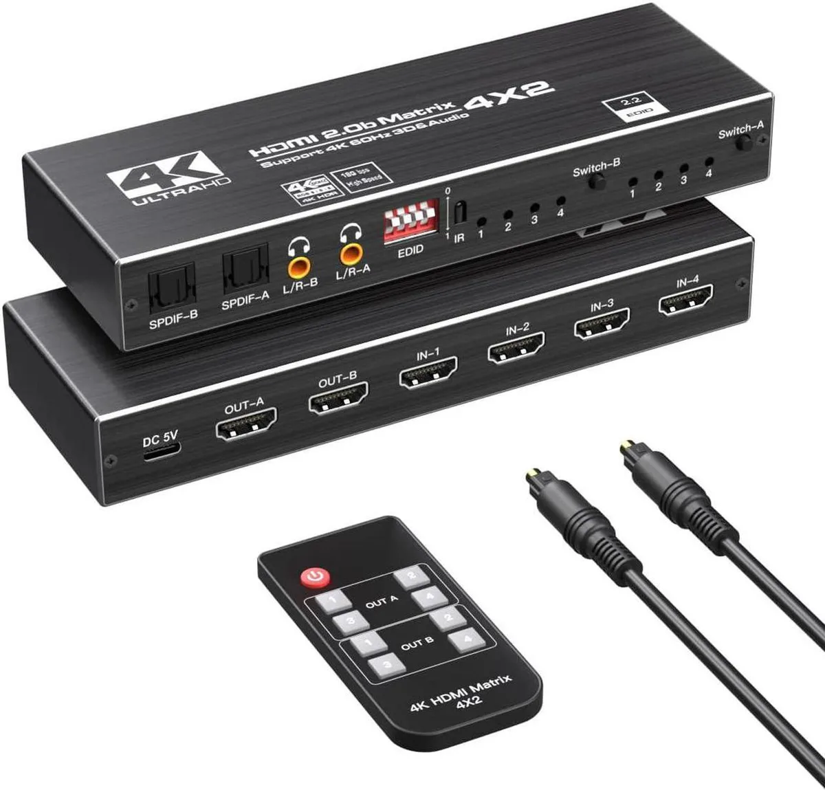 Black rectangular box 170 by 56 by 24 mm with four HDMI inputs and two outputs