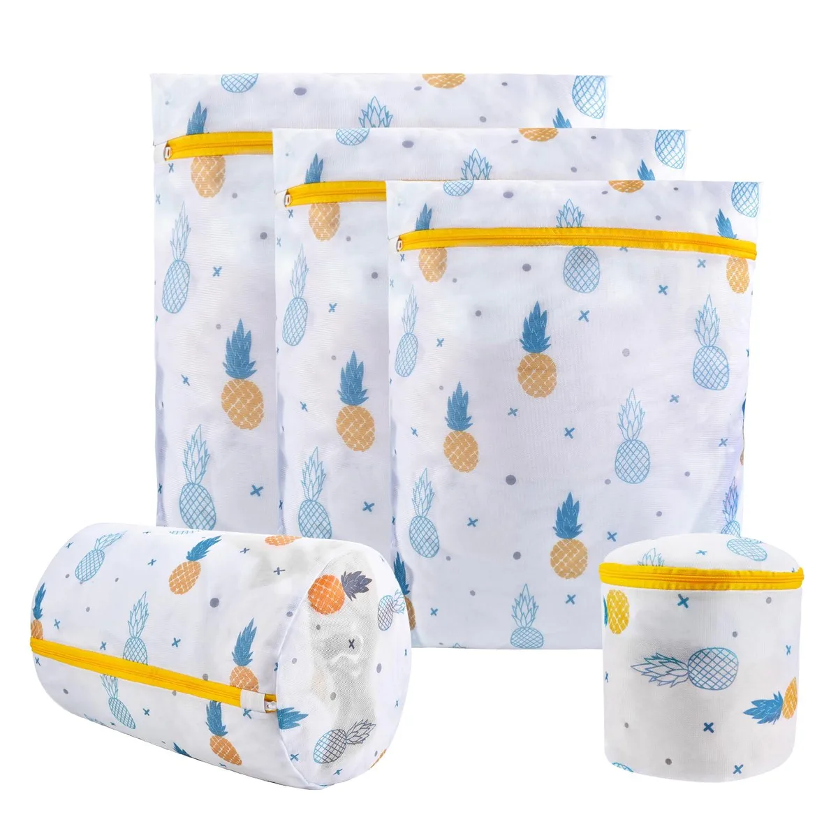 Five mesh laundry bags in pineapple print, zippered, various sizes