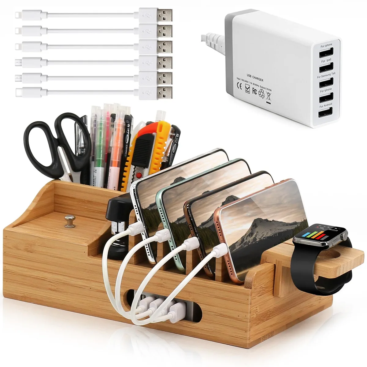 Pezin & Hulin Pezin & Hulin 5-in-1 Bamboo Charging Station Organizer (10 x 5.9 x 2.4 in) — product photo