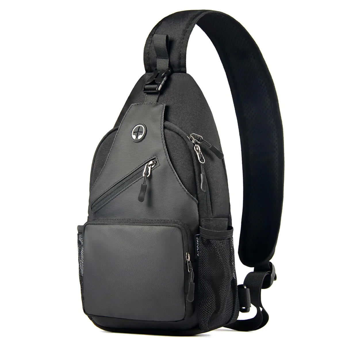 Black polyester sling bag, compact rectangular shape, adjustable strap 21–44 in