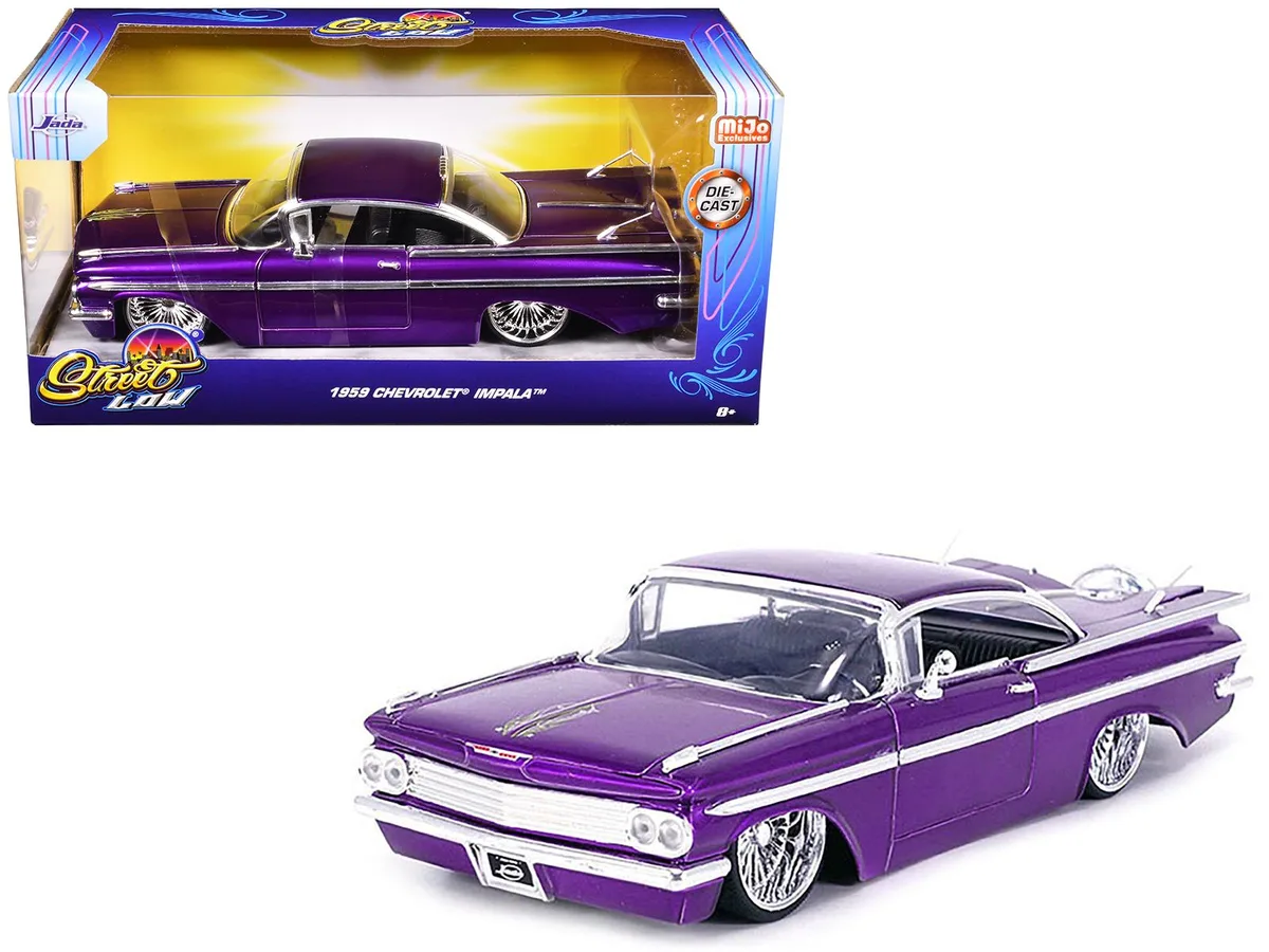 Jada Jada 1959 Chevrolet Impala Lowrider Candy Purple DUB Wire Wheels Street Low 1/24 Diecast Model Car — product photo
