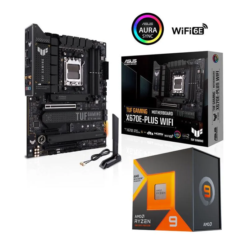 AMD AMD Ryzen 9 7900X3D desktop processor with ASUS TUF GAMING X670E-PLUS WIFI 6E motherboard — product photo