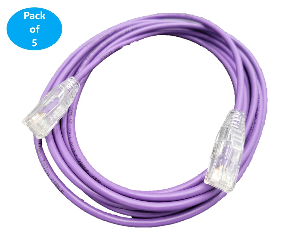 Micro Connectors Micro Connectors Cat6A Ultra Slim 28AWG 10 ft Purple 5-Pack — product photo
