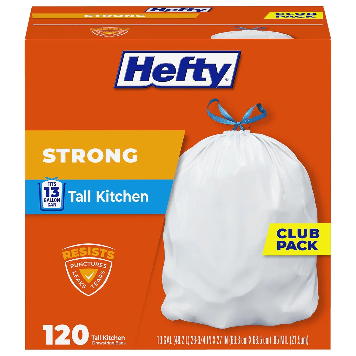 Box of white 13 gallon drawstring trash bags, 120 count