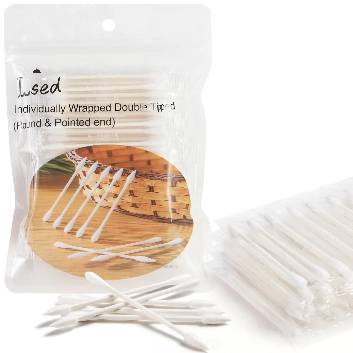 Box of 100 individually wrapped white cotton swabs with round and pointed tips on paper handles