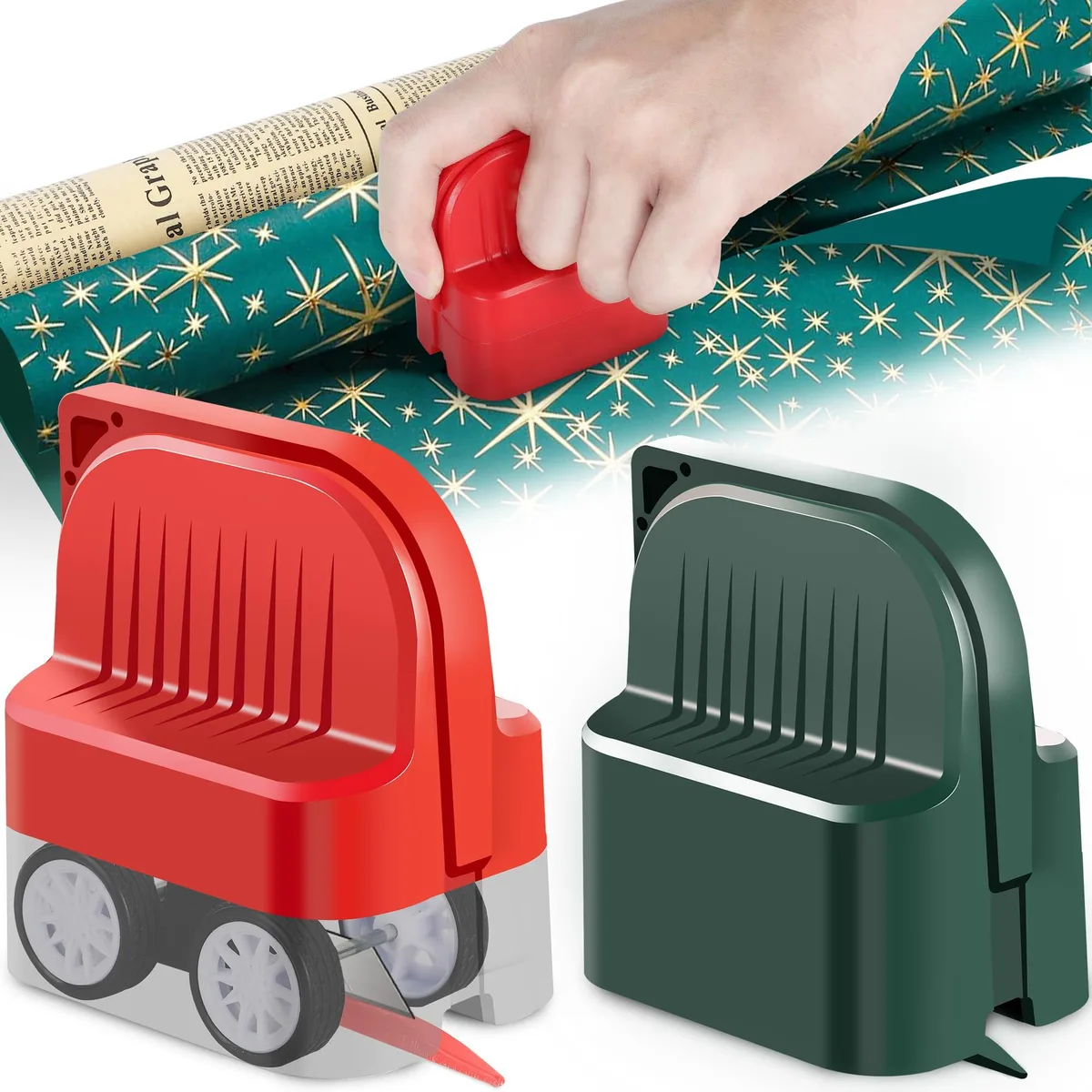 Two plastic wrapping paper cutters, one black and one red, each with a hidden blade and rolling wheels