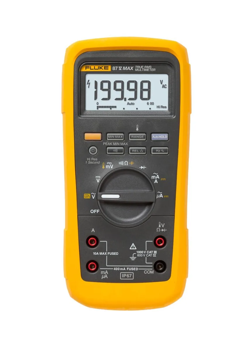 Yellow rugged digital multimeter with protective holster and test leads