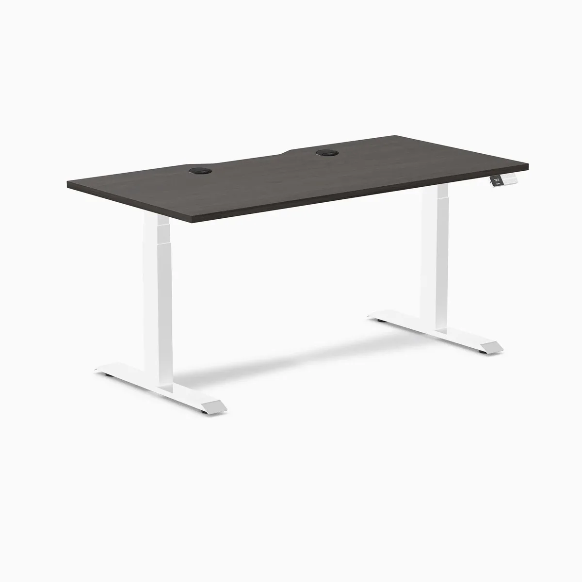 Desky Desky Dual Scalloped Laminate Sit Stand Desk Burnished Wood White 59.1 x 29.5 in with Grommets — product photo
