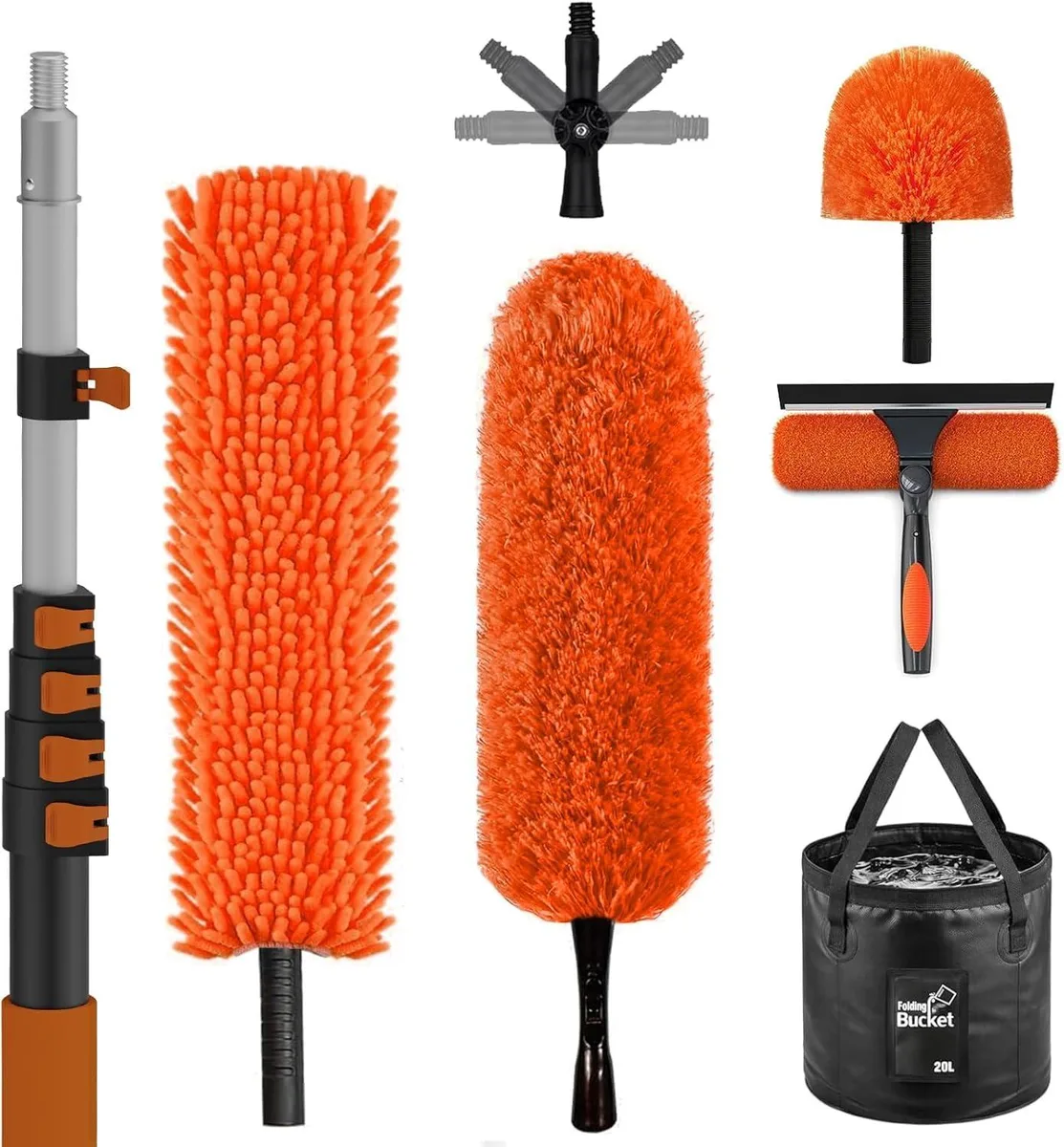 Black telescopic aluminium pole with microfibre duster, squeegee and bendable fan brush head attached