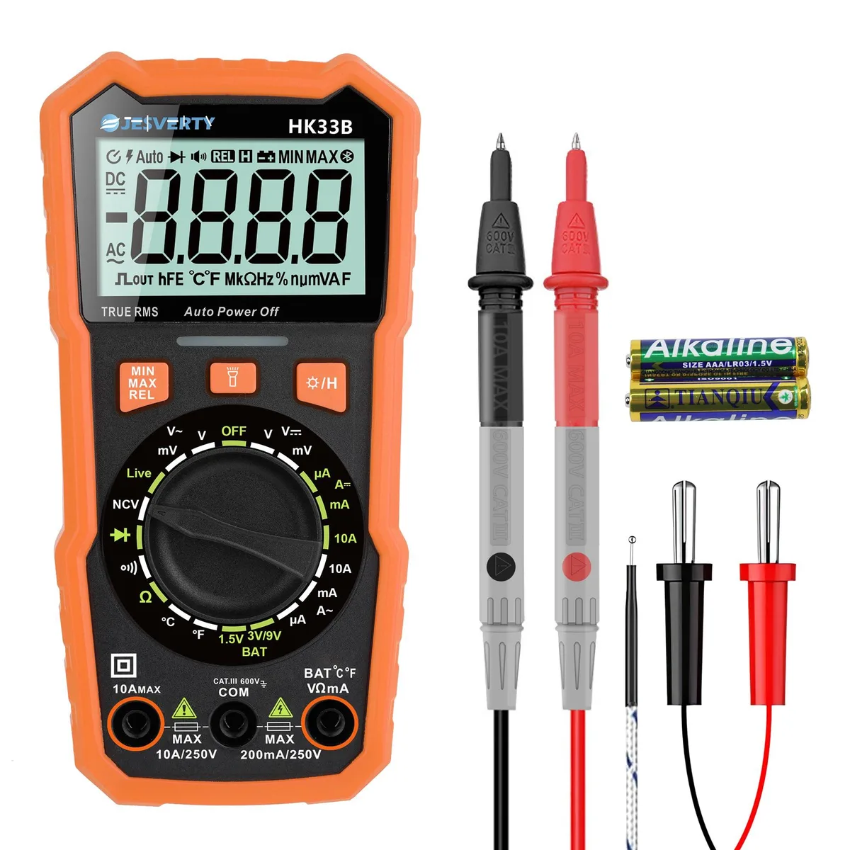 Orange handheld digital multimeter with large backlit LCD display, test leads, and protective silicone sleeve with stand